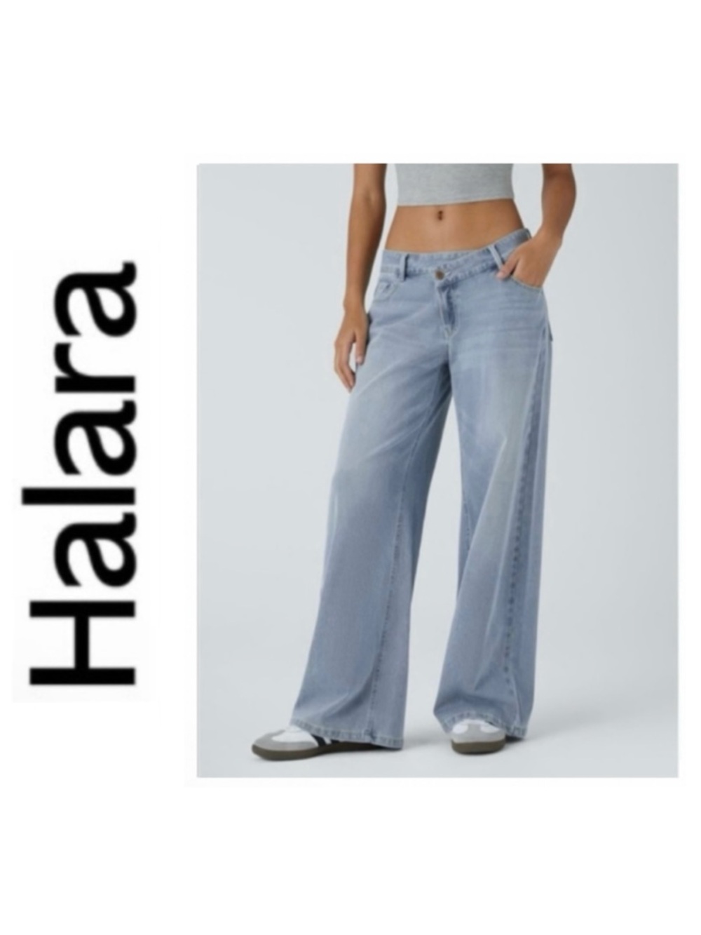 HALARA Flex™ Asymmetric Low Rise Zipper Pockets Baggy Wide Leg Jean Light Azure
